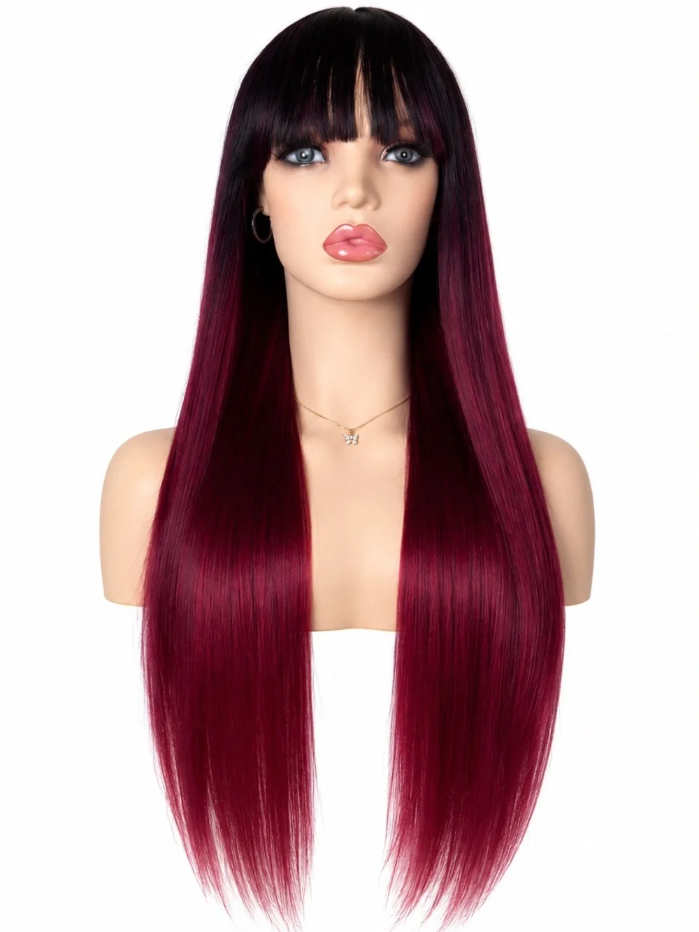 Long Straight Wig with Blunt Bangs - Burgundy Ombre 26 inches long